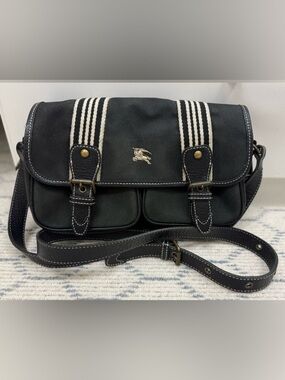 BURBERRY Blue Label Vintage Unisex Black Canvas Leather Messenger Crossbody Bag